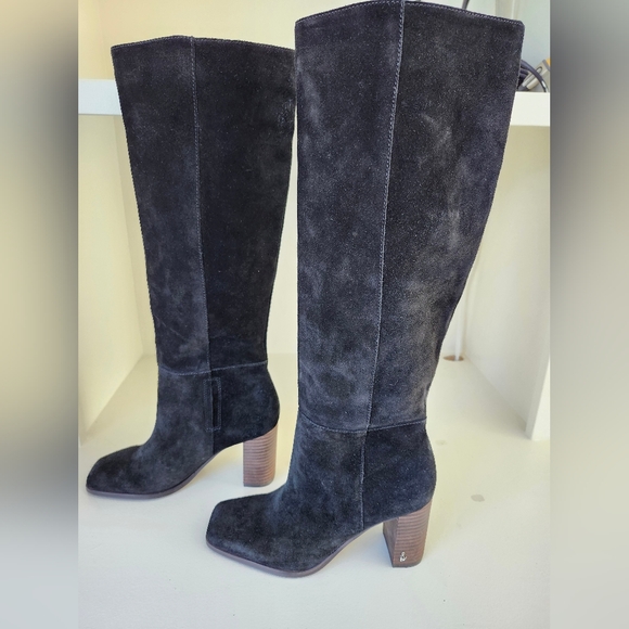Sam Edelman Olly River Black Distress Suede square Toe Pull on Knee High Size 7 - Picture 3 of 10